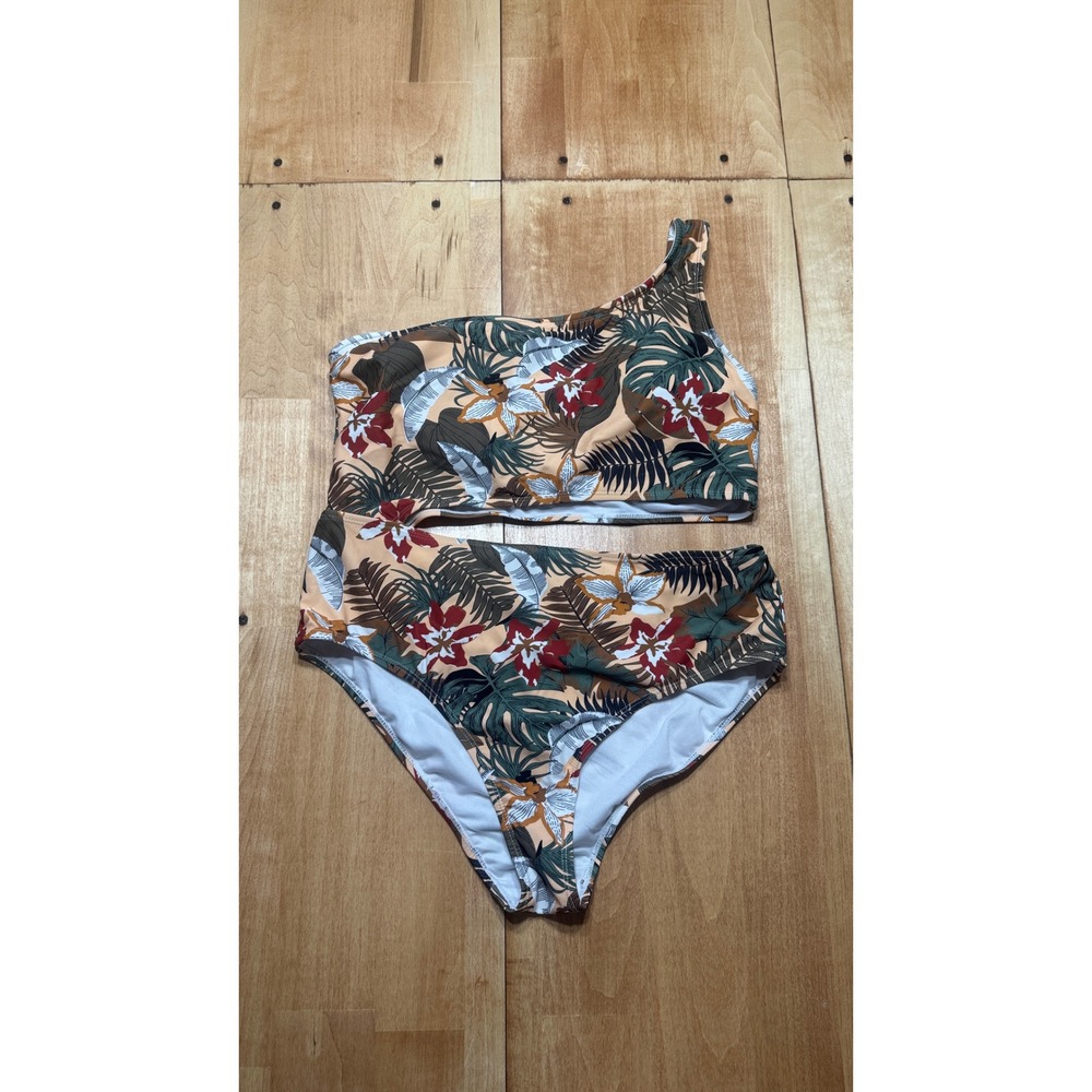 Pink Lily Womens Tropical Floral One Shoulder‎ One Piece Tan Green Large